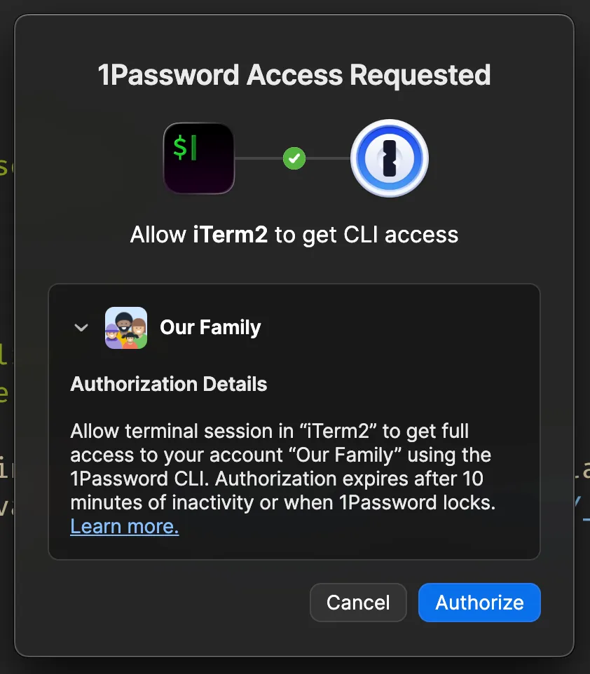 1Password CLI authorization dialog